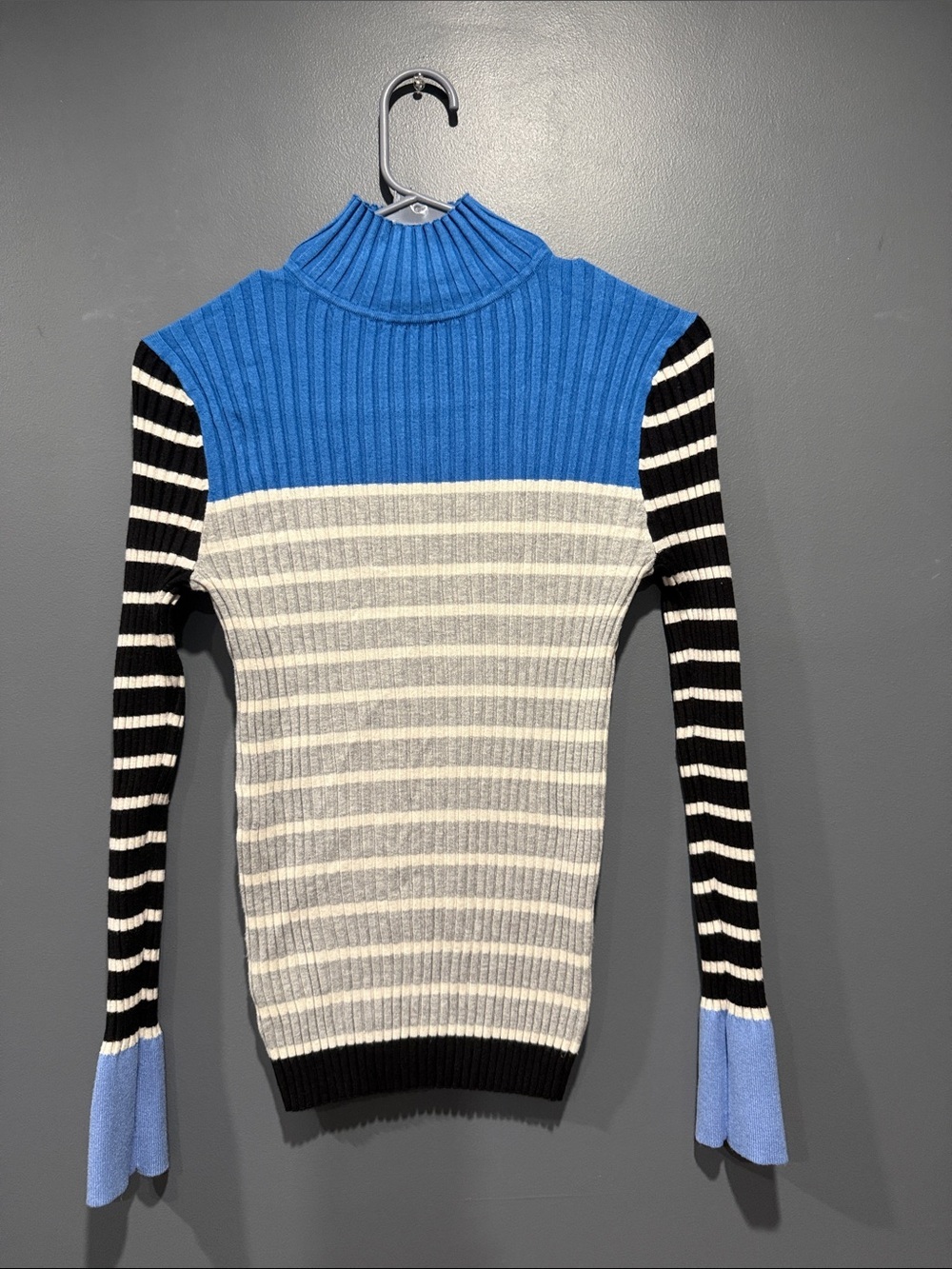 LOFT Blue, Black & Cream Striped Ribbed Mock Neck Sweater